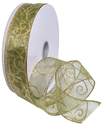 Morex Ribbon Wired Swirl Sheer Glitter Ribbons, Holiday Ribbon for Crafts and Christmas Decorations, Gift Wrapping, 1.5 x 50 Yd, Moss/Gold