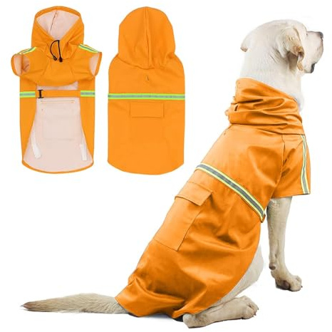 PETCUTE Hunderegenmantel mit Kapuze,Wasserdicht Hunde Regenmantel mit Reflektierenden Streifen,Verstellbarer Hunde Regenjacke mit Kragenloch für Kleine Mittelgroße und Große Hund,S