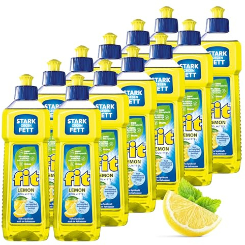 fit Hand-Spülmittel 12 x 500 ml Geschirrspülmittel gegen Fett und Stärke, hautverträglich, vegan, mikroplastikfrei, Lemon