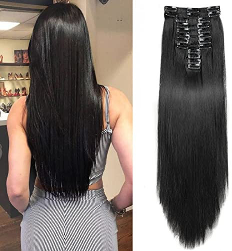 22 Inch Long Straight Clip in Hair Extensions 180 Grams 12PCS Clip in Synthetic Fiber Hair Extensions Natural Black Full Head Double Weft Hairpieces for Women