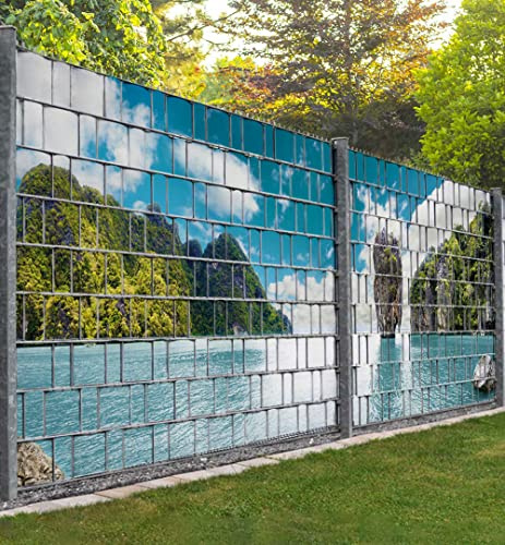 MyMaxxi Infinity Zaunsichtschutz - Ausblick auf Felsen im Meer - Sichtschutzstreifen für Doppelstabmattenzaun - Windschutz Sonnenschutz Blickdicht - Sichtschutz Garten Teil1-250x180cm