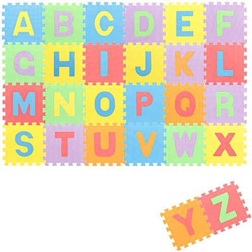 COM-FOUR® 26-teiliges Bodenpuzzle, weiche Puzzlematten mit Buchstaben | optimal für Kinder ab 2 Jahren - praktisches Bodenschutzpolster [Farbmischung variiert]