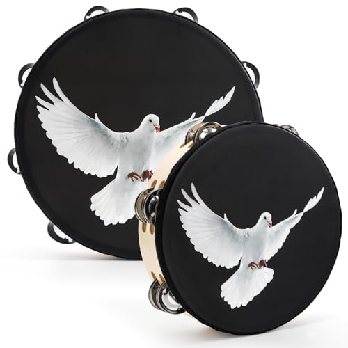 Elsjoy Set of 2 Church Tambourines, 10 and 8 Black Dove Tambourines with Double Row Jingles, Wooden Handbell Hand Clap Drum Percussion Instrument for Church Choir