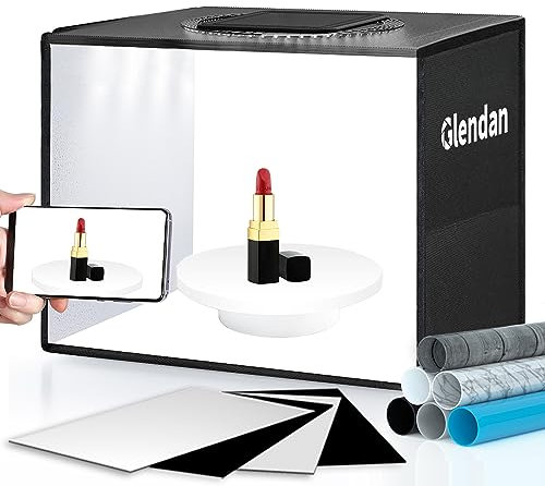 Glendan Mini scatola luminosa per studio fotografico, 35,6 x 25,4 cm, kit tenda per riprese fotografiche, portatile, pieghevole, con 112 luci a LED, sfondi in PVC a 6 colori, 4 pannelli riflettenti
