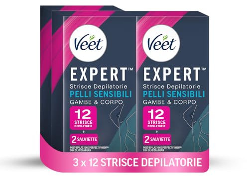 Veet Expert 36 Strisce Depilatorie Gambe e Corpo, Ceretta per Pelli Sensibili con Olio di Mandorla, Dermatologicamente Testate, 3 confezioni da 12 strisce