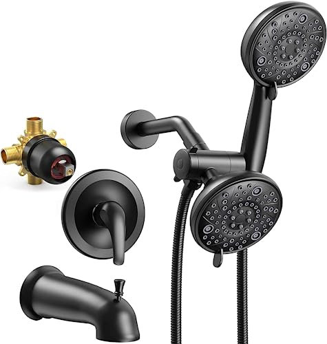 EMBATHER Ensemble de robinet de baignoire et de douche, kit de baignoire avec valve 64 modes 2 en 1, système de pommeau de douche à main et de pluie, double pommeau de douche avec valve de douche et