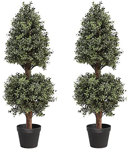 momoplant Plantas artificiales de doble bola de 35 a 3 pies, forma de árbol, boj topiario, cono, arbustos, bola, plantas falsas en maceta, decoración de puerta al aire libre/interior (juego de 2)
