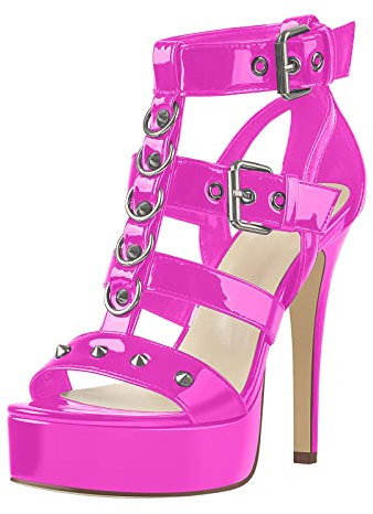 Only maker Damen Gotische Sandalen Punk Sandaletten High Heels T-Riemen Schaftsandalen mit Nieten Schnallen Lack Rosa 41 EU