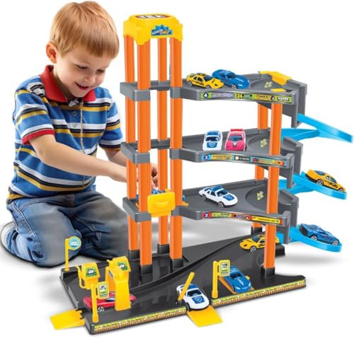 Xwin Sportseries Spiral Parking Garage Toy Set for Kids, 5-Story Parking Lot Playset Preschool Car Games Toys Die Cast Cars for Kids Vehicle Playsets Race Car Ramp Track Toy for 5 6 7 Year Old