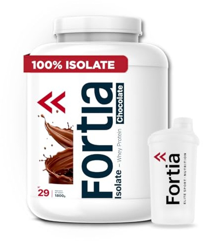 FORTIA Whey Protein Isolate 100% 36g/dosis + Shaker – Proteina Isolada de Suero Premium Hecha en España | Proteína Alta en BCAA, Leucina y Glutamina | Mejora Masa Muscular | Chocolate 1800g