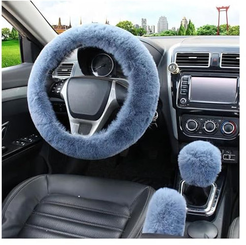 LAGNY Lenkradhülle Universal 38 cm Auto Lenkrad Abdeckung Künstliche Kaninchen Fell Warme Winter Auto Handbremse Shift Abdeckung DREI-stück Set Heizung Lenkrad Lenkrad Abdeckung (Size : Grey)