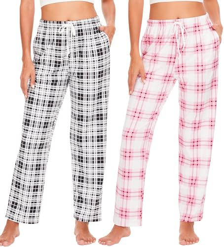 Ymmchy Damen Pyjamahose Lang Schlafanzughose Kariert Freizeithose Frauen Schlafhose Weiche Nachtwäsche Hose 2-Pack