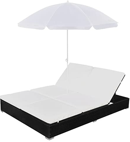 Homgoday Outdoor-Loungebett mit Sonnenschirm Doppelliege Gartenliege Relaxliege Sonnenbett Gartenbett Sonneninsel Liege Liegestuhl Gartenmöbel Rattanmöbel Poly Rattan Schwarz