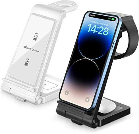 HOOTNEE Chargeur sans Fil Pliable Blanc pour Téléphones Montres Connectées Et Écouteurs Station De Charge Verticale avec Protection Intégrée Et Angle