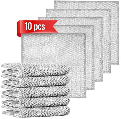 Dazhuocs 10pcs Double Layer Multifunctional Non-Scratch Wire Dishcloth, Multipurpose Wire Dishwashing Rags, Silver, Nylon/Polyester