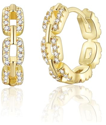 Silver Hoop Earrings for Women, Chain Link Hinged Huggie Hoop Hypoallergenic Cubic Zirconia Small Hoop Earrings Jewelry Gift for Birthday Wedding, Silver/Gold