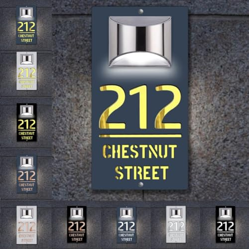 Letrero de casa personalizado con luz solar, placa de número de puerta personalizada para pared de casa con placas de nombre para exteriores y números de dirección