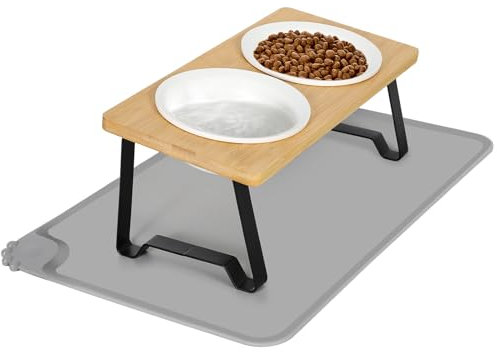 Avmvnvc Ciotole per Gatti Rialzate, Doppia Ciotola per Gatti e Cani in Ceramica, 15° Inclinate Set di 2 Ciotole Gatto per Cibo e Acqua con Tappetino Antiscivolo,Ciotola Gatto per Cani Piccoli,Gattini