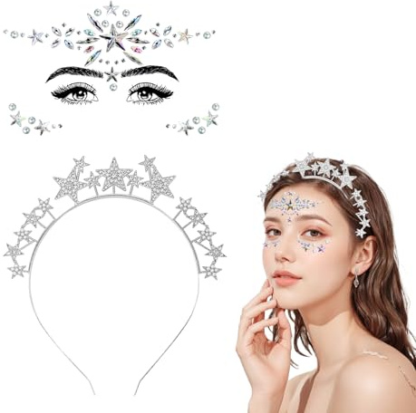 NebulaGlam Sterne Haarreif mit Gesicht Edelsteine, Sterne Stirnband Strass Haarband Gesichtstattoo Karneval Fasching Geburtstag Party Kostüm Haarreifen Glitzer Haarschmuck für Damen Mädchen (Silber)