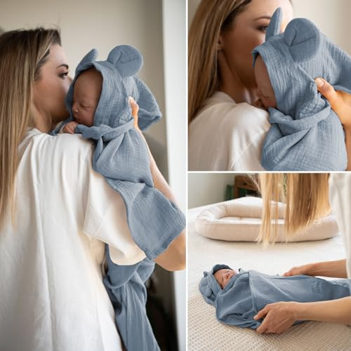 PaLulli® 100x100cm Baby Pucktuch Musselin Decken Zweischichtig - Handtuch mit Kapuze und eingenähten Ohren, Wickeln, 100% Naturreine Materialien, Antiallergisch, Atmungsaktive (Blau)