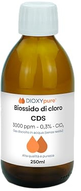 Biossido di Cloro - CDS - 3000 ppm - Gas disciolto in acqua (senza residui) - 250 ml - Senza conservanti né sostanze aggiunte - Disinfettante - Qualità superiore - Ultra puro