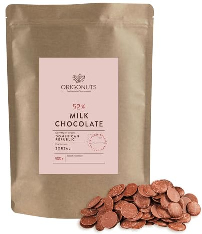 ORIGONUTS, Schokodrops, Vollmilchschokolade zum Schmelzen - Leicht zu Dosieren und Aufzulösen - Basis für Kuchen, Cremes, Desserts, Eiscreme, Dubai-Schokolade - Dominikana 52%, 500g