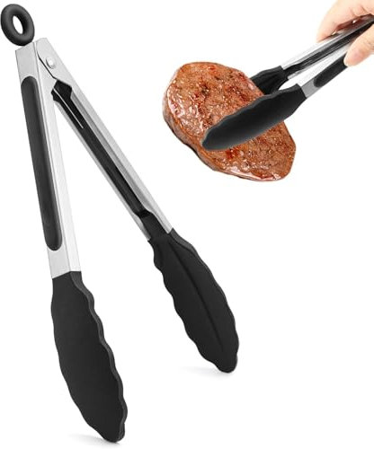 Grillzange,18cm Silikonzange Hitzebeständige, Küchenzange, Zange Küche, Kochzange mit Edelstahl und Silikonspitze, Hitzebeständigem Silikongriff, Verriegelbare Metallzange zum Kochen, Grillen