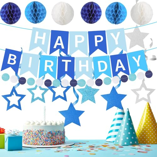 Maxqzin Decorazioni per feste di compleanno blu per uomini, blu navy argento banner di compleanno per uomini, palle a nido d'ape vortici ghirlanda forniture per feste