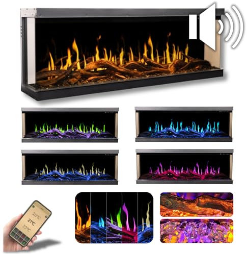 AFLAMO Caminetto Elettrico da Incasso LED GOLD 152, con Audio Integrato, Effetto Fiamma Realistico, Funzione Riscaldamento (152x54x34)