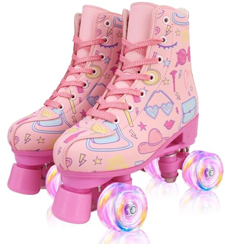XUDREZ Patins à roulettes Triboluminescence pour enfants et adultes, Rose, Quad-Skates imprimés, Roues lumineuses, Réglables, Pour filles, femmes et débutantes (Rose, 33)