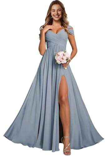 FoinLuve Off Shoulder Chiffon Bridesmaid Dresses for Women Long Ruched with Slit A Line Prom Formal Evening Dress Dusty Blue 08