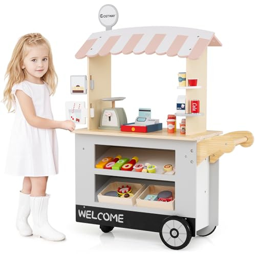 COSTWAY Kaufladen Kinder, Kaufmannsladen Holz mit 2 Ablagen, Schiebegriff & Zubehör, Einkaufsladen auf 3 Rädern inkl. Getränkeregal, Waage & POS Maschine, für Kinder ab 3 Jahren (Grau)