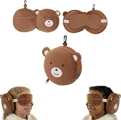 Coussin de voyage pour enfants pour enfants, oreiller cervical doux et ergonomique, idéal pour voiture, appuie-tête, voyage avion et train - Coussin de voyage ours avec fermeture éclair et mousqueton