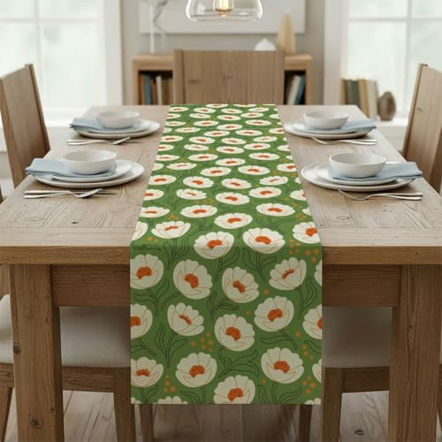 White Flower Orange Centers Green Leaves Holiday Table Runners Table Turner for Dining Cotton Runner Holiday Decorations for Home Spring Decor Home Kitchen Dining Decor 14 × 108 inch