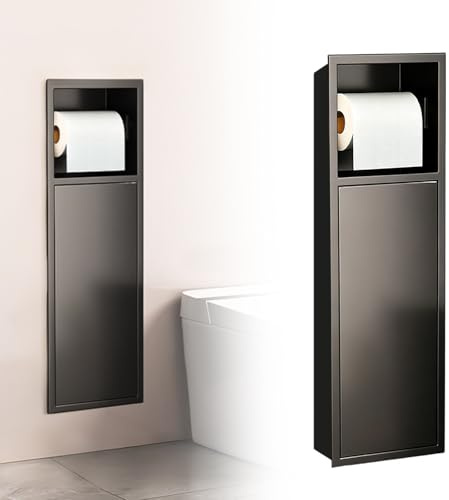 Portarrollos de papel higiénico empotrado de acero inoxidable con puerta corredera, armario de baño con portarrollos para el conjunto de escobillas, negro/blanco, 60 x 16,5 x 12,5 cm (negro)