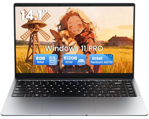 Kayoote 14.1 Pulgadas Ordenador Portátil 8GB RAM 512GB SSD, PC Portatil Pentium N3710 CPU, Win 11 Pro, HD Pantalla Ordenador Portatil con Protector de Teclado español, TF/Mini-HDMI/USB3.0/WIFI5/BT5.0