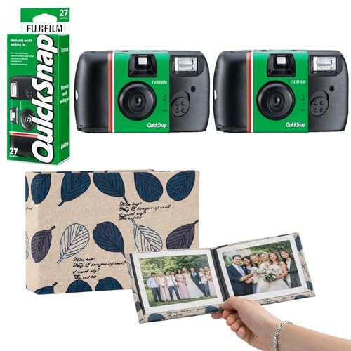 Fujifilm Quicksnap 27 Exposure Disposable Camera With Flash 400 ISO Speed Film Bundle – Includes 2 x Single Use Cameras, Complete With Premium Fabric Leaf Dreams 36 Slot Photo Album Ready To Use