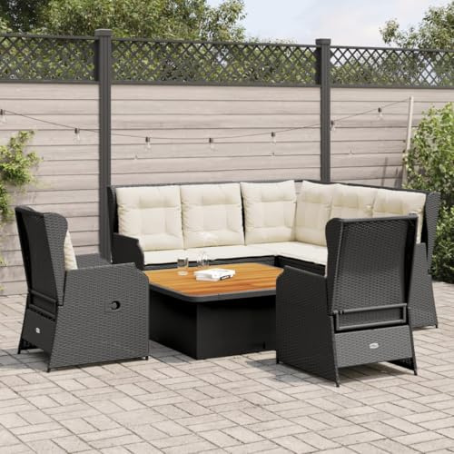 Ziaphsol 6-delat set med kudde, svart poly rotting loungegrupp för terrass, balkong och trädgårdsmöbler med bord och relaxfåtöljer, väderbeständig, inklusive kuddar