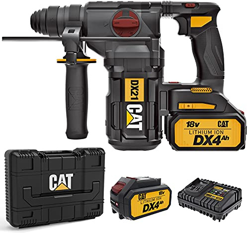 CAT Caterpillar DX21 - Taladro percutor 4 en 1 sin escobillas, 2,2 J, SDS plus portabrocas intercambiables, velocidad de ralentí 0-1210/min y 0-5400/min, 2 baterías de 18 V y 4,0 Ah y cargador, en