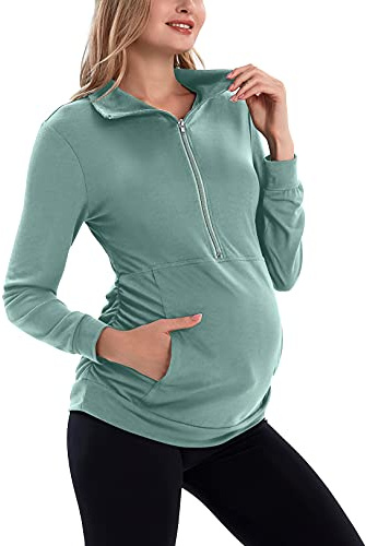 GINKANA Maternity Tops Comfortable Long Sleeve Lightweight Zip-up Shirts with Kanga Pocket,Sage Green,M
