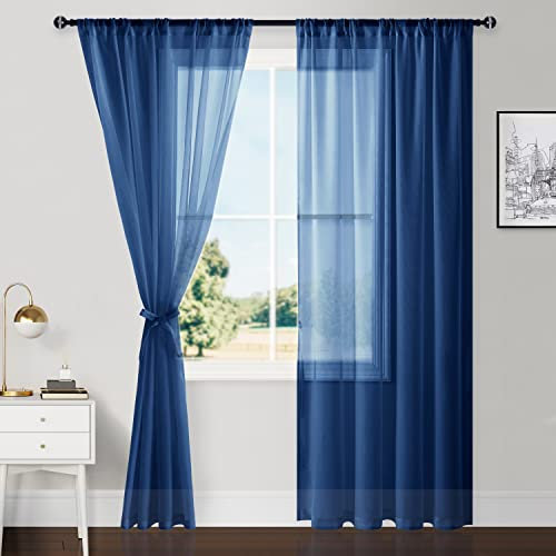 Hiasan Sheer Curtains for Bedroom with Tiebacks, Rod Pocket Light Filtering and Breathable Voile Window Curtains for Living Room, Patio Door and Nursery, Navy Blue, W52 x L84, Set of 2 Panels