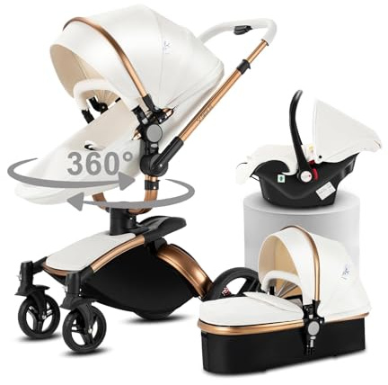 Magic ZC PU Leather 3 in 1 Pushchair Pram Travel System, Baby Stroller 3 in 1 with 360° Rotatable Seat, Newborn Infant Buggy with Aluminum Frame, Toddler Carriage with One-Click Folding (906 White-1)