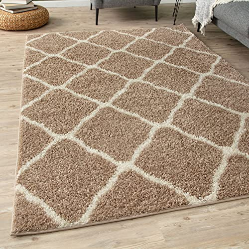 THE RUGS Shaggy Rug – Modern Moroccan Design Rugs for Living Room, Bedroom, Hallway, 3 cm Thick Area Rugs, (Moroccan Beige/Ivory, 120x170cm)