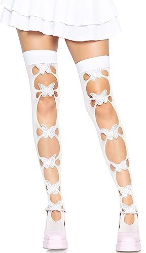 Leg Avenue Dam ogenomskinlig nät utskuren fjäril applikation lårhöga tights, benvit, en storlek, Benvit, en storlek