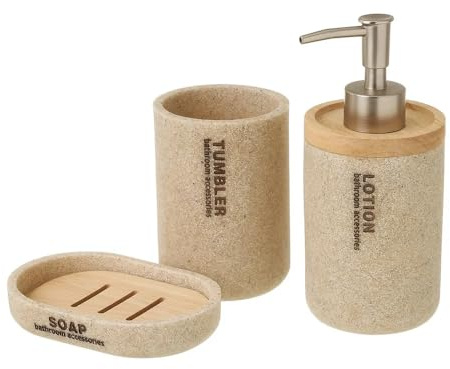 Ensemble d'accessoires Salle de Bain 3 pièces, Set Salle de Bain avec Distributeur de Savon en polyrésine/Bois Coloris Beige -JUANIO-