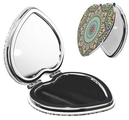 Fukker Motif De Couleur Marocaine, Miroir De Maquillage, Miroirs Cosmétiques pour Poche Ou Portefeuille, Petit Miroir Grossissant Portable,Cœur,2,76x2,96 Pouces