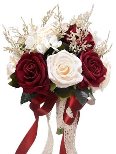 Ramos de Boda para Novia, Dama de Honor, Color Blanco, champán, Rojo, borgoña, Rosa, Flores Artificiales de Seda, Ramos de Novia para Boda, con Cinta, Bohemio, rústico, decoración de Iglesia, Ramo de