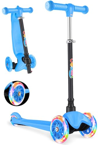 BELEEV 3-Wheel Scooter for Kids Age 2-6, Scooter for Toddlers Girls Boys Children, Adjustable Height, Lean to Steer, Light Up Wheels, Extra-Wide Deck(BLUE)