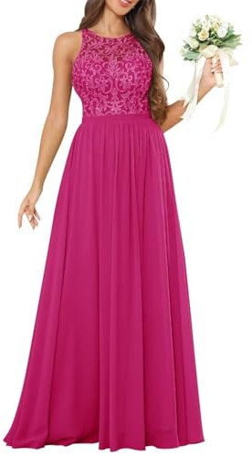 Vestido de dama de honor para mujer, con apliques de encaje, sin mangas, de gasa, formal, vestido de fiesta de noche, fucsia, 50 Grande