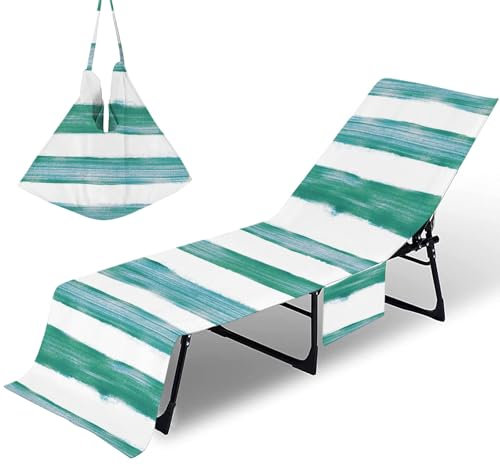 ENEN Sun Lounger Beach Towel with Pockets Portable Stripe Prints Soft Microfibre Quick Dry Lightweight for Holiday Summer Garden Swim Pool Lounger Towels (Cyan 1,75x210cm)